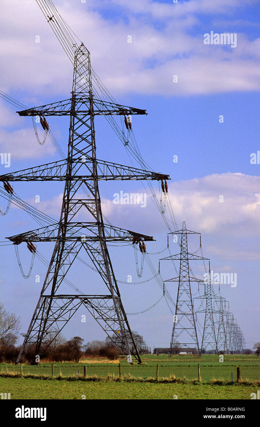 Rangée de pylônes de l'électricité en pleine campagne Yorkshire UK Banque D'Images