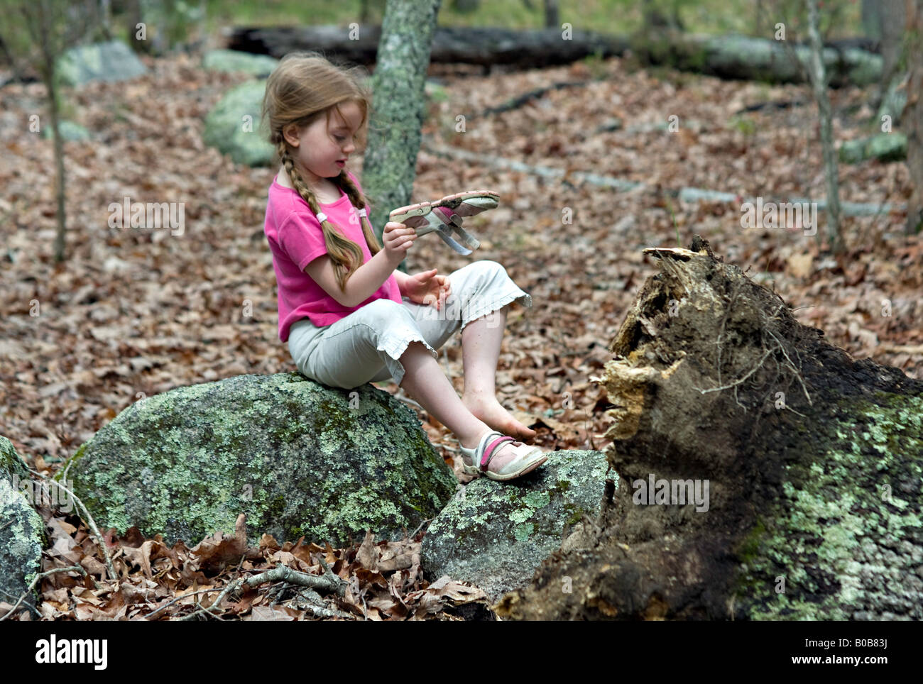 New York CAROLINE DU SUD Une belle jeune fille est assise sur un rocher  couvert de mousse dans la forêt alors qu'elle enlève sa chaussure pour  secouer les feuilles Photo Stock -