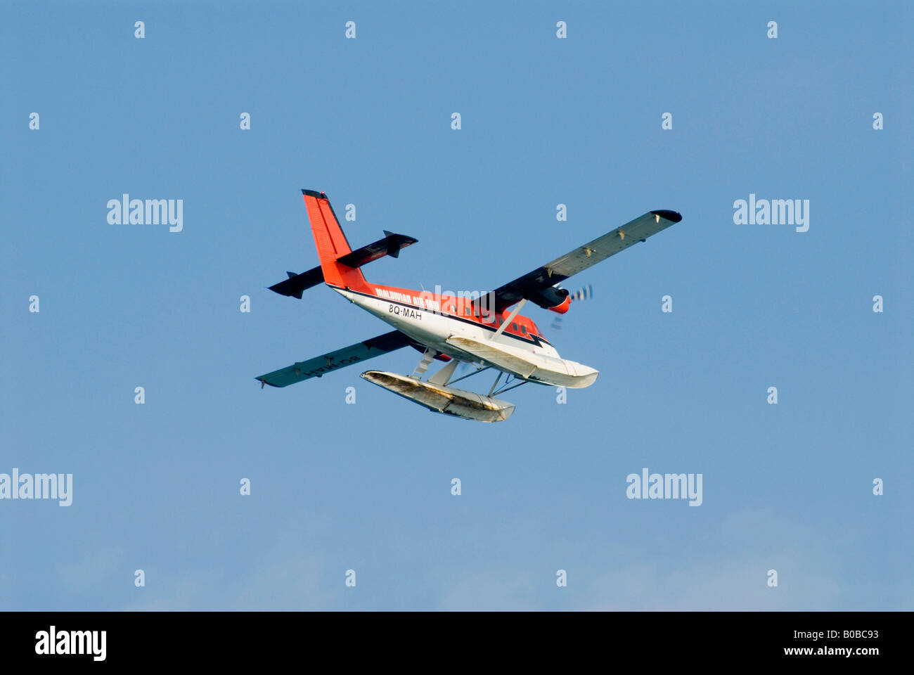 Maldivian Air Taxi seaplane arrivant sur la terre de l'île de Rasdhoo Banque D'Images