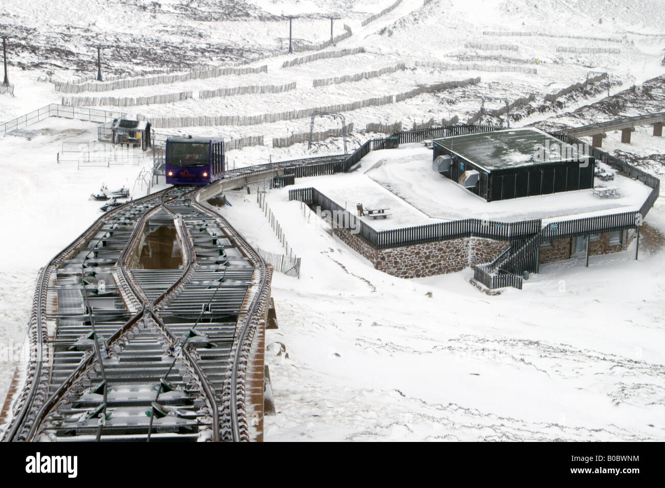 Cairngorm Mountain Railway avec train approchant l'évitement. Banque D'Images