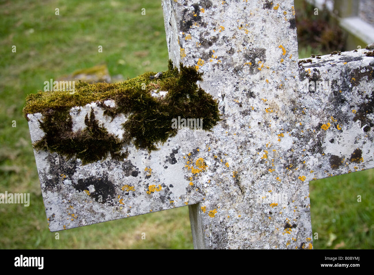 Pierre tombale moussue cross close up Banque D'Images