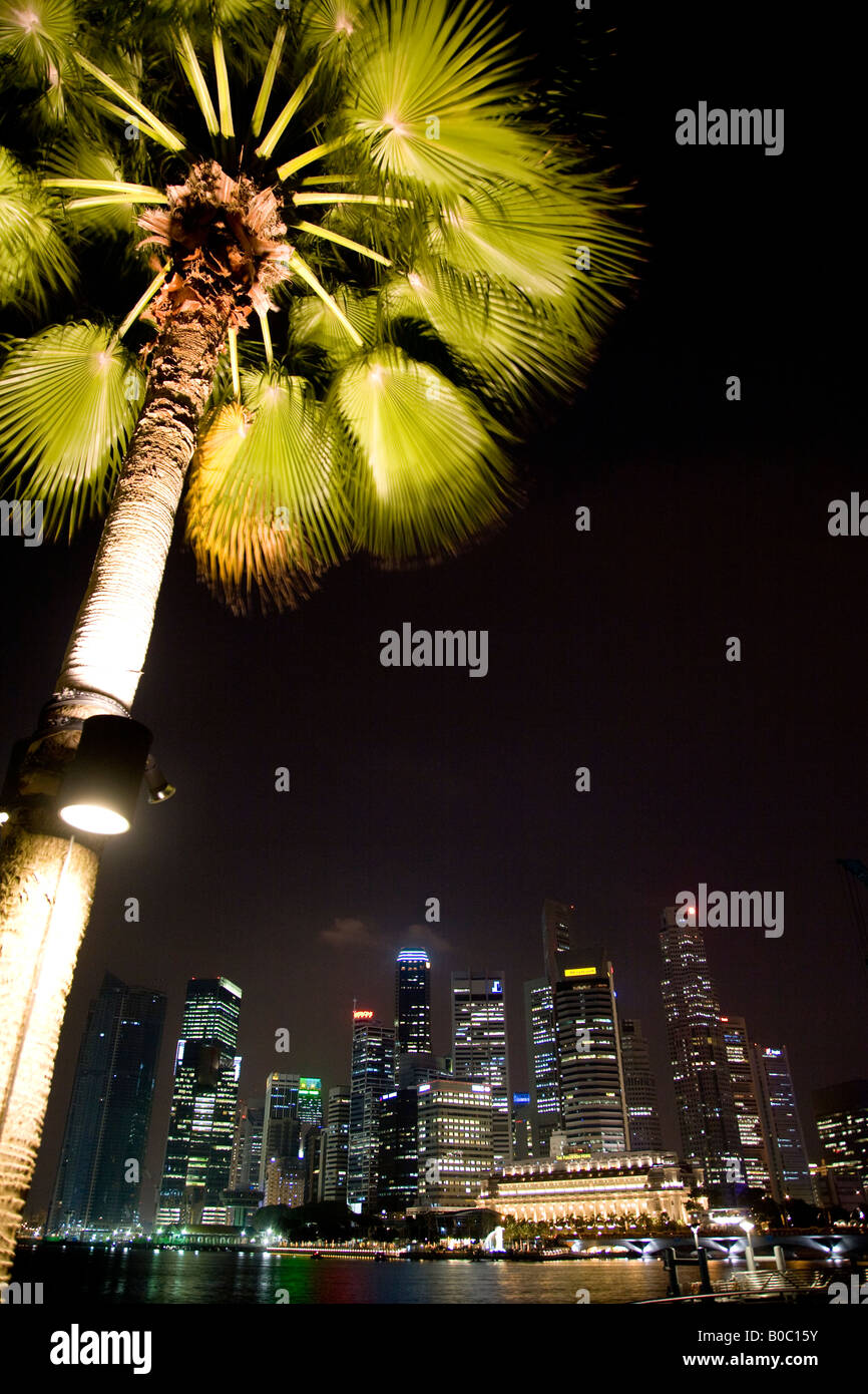 Singapour et gratte-ciel au crépuscule avec palmier allumé en premier plan fareast Asie Banque D'Images