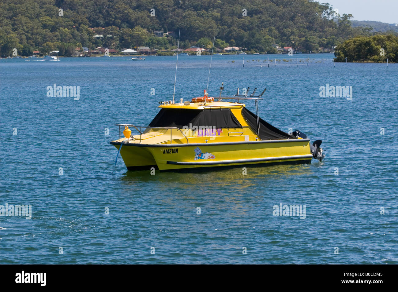 Une double coque cruiser à l'ancre dans l'eau de Brisbane Banque D'Images