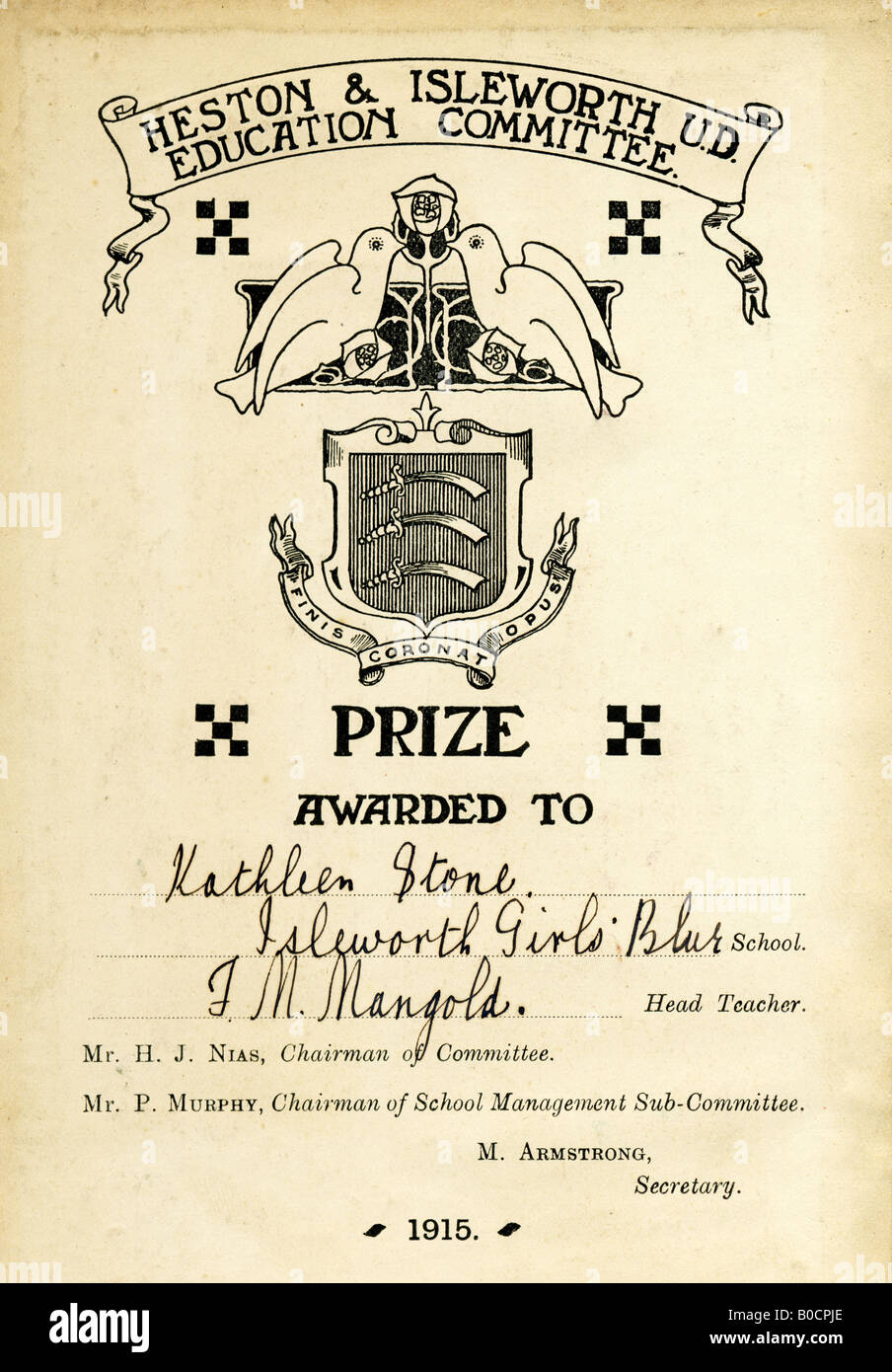 Prix de l'école & Heston Isleworth Plaque Livre Comité de l'éducation 1915 Banque D'Images