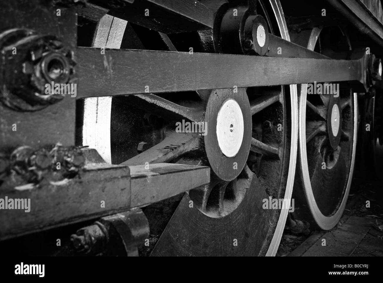 De grandes roues de locomotives à vapeur libre de droit en noir et blanc Banque D'Images