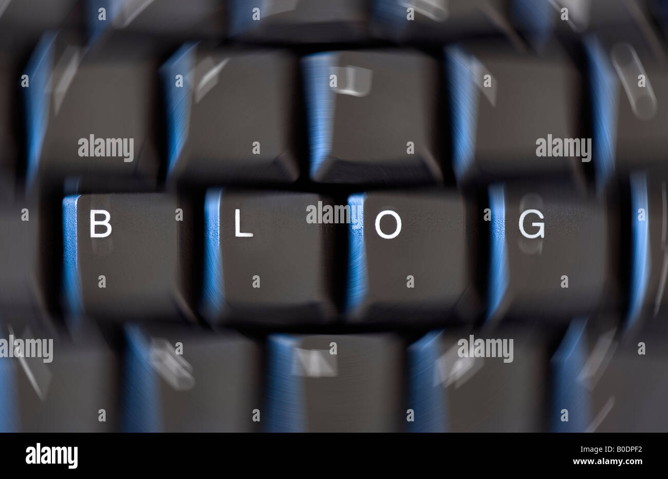 Touches d'un clavier de l'ordinateur de l'orthographe du mot 'Blog' avec un flou circulaire autour des autres touches Banque D'Images