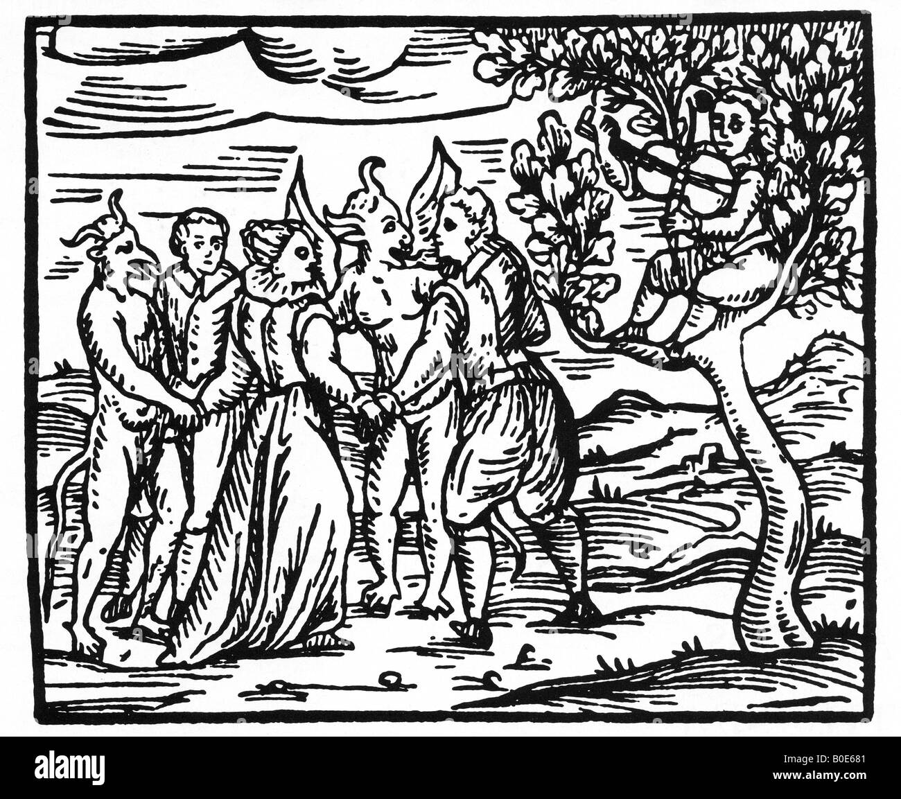La gravure sur bois élisabéthain sorcellerie montrant les praticiens de la sorcellerie danse avec les mauvais esprits Banque D'Images