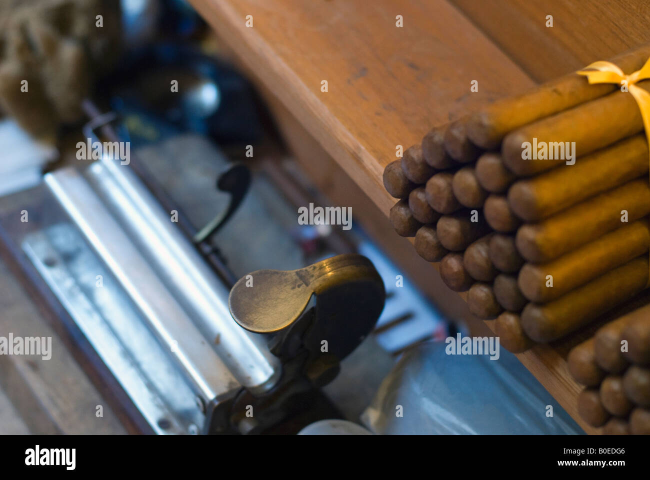 Cigares Cubains fait main empilés dans un magasin avec une machine à rouler La Havane Cuba Banque D'Images