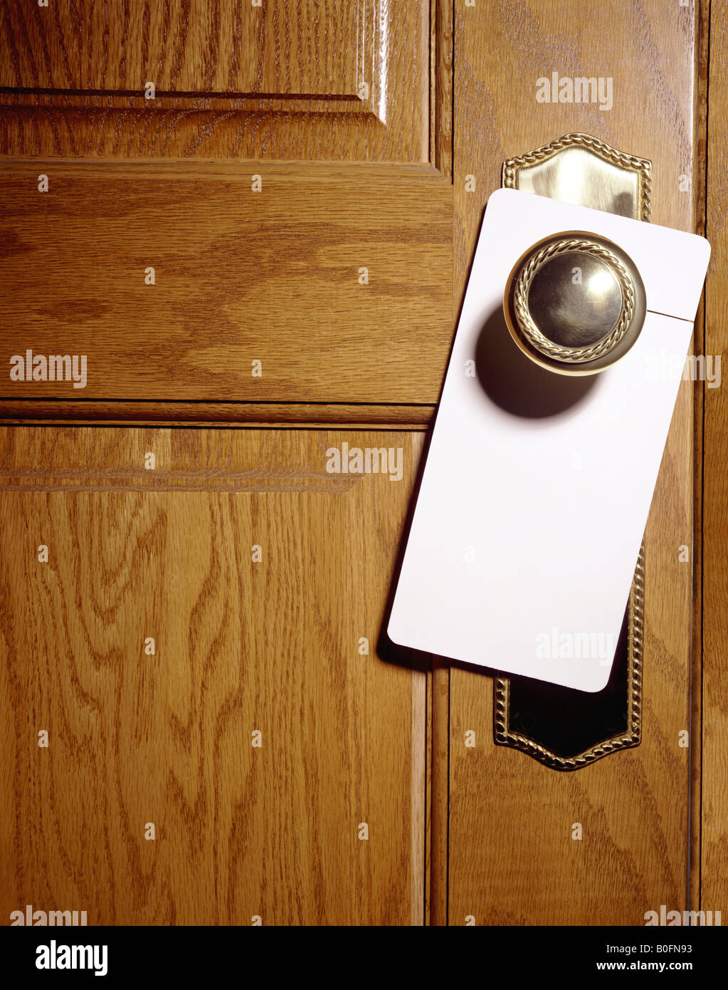 Affichette de porte en laiton blanc sur le bouton de porte en bois Banque D'Images