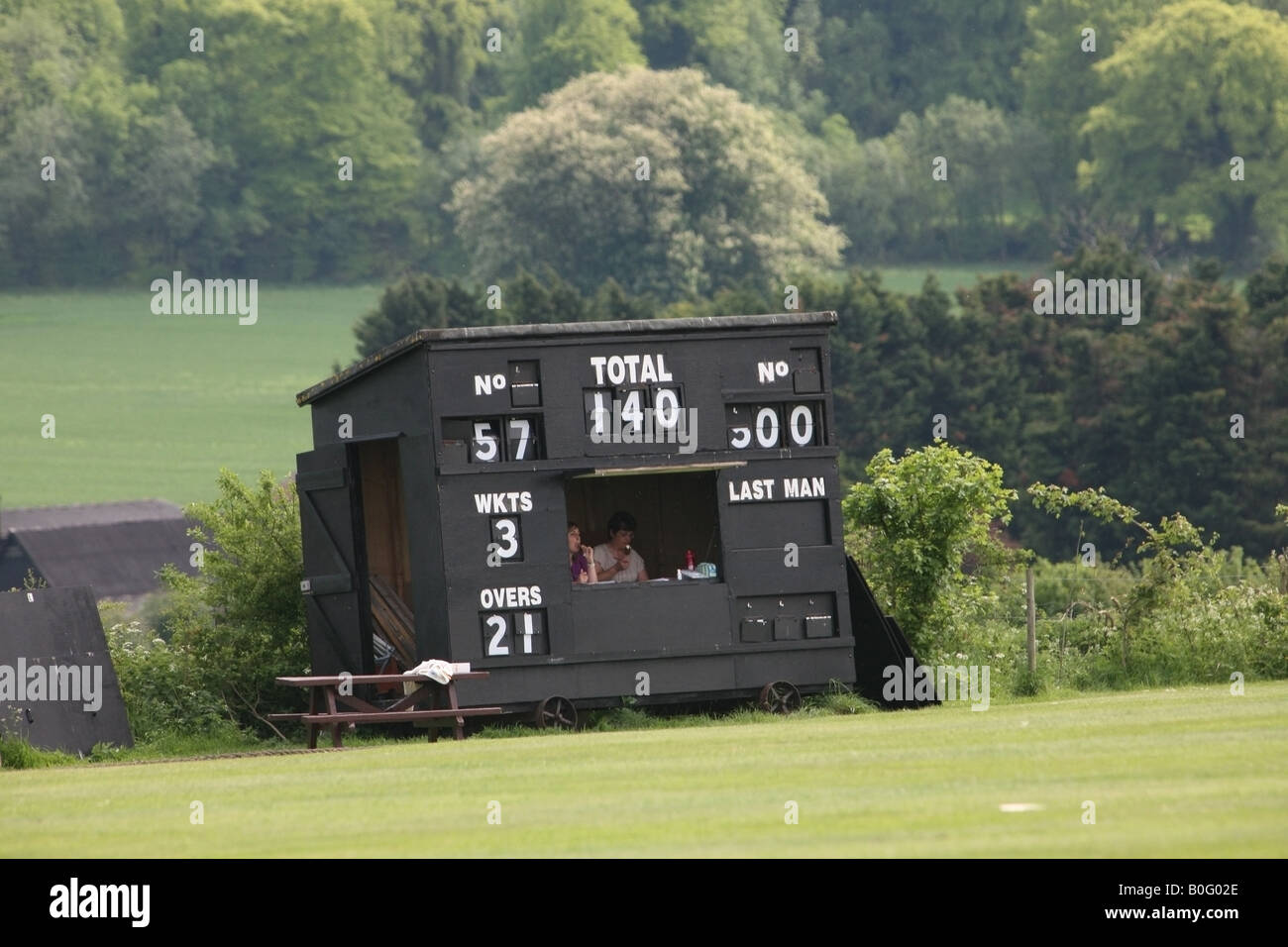 Score Cricket board sur le terrain du Club de Cricket de Hambledon dans Ridge Meadow Banque D'Images