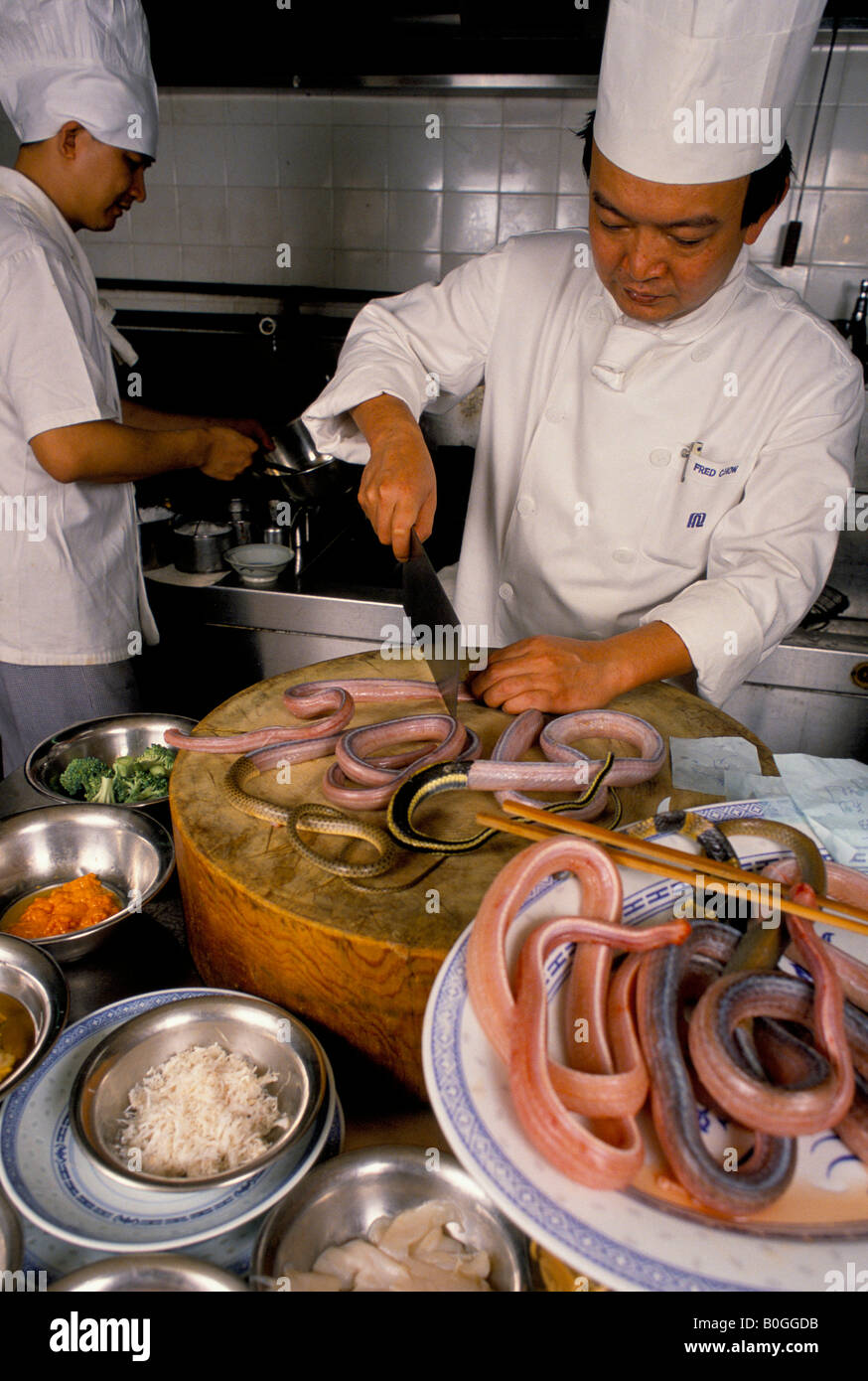 Un chef cuisinier prépare un serpent pour la cuisine dans une cuisine de restaurant, Hong Kong, Chine. Banque D'Images