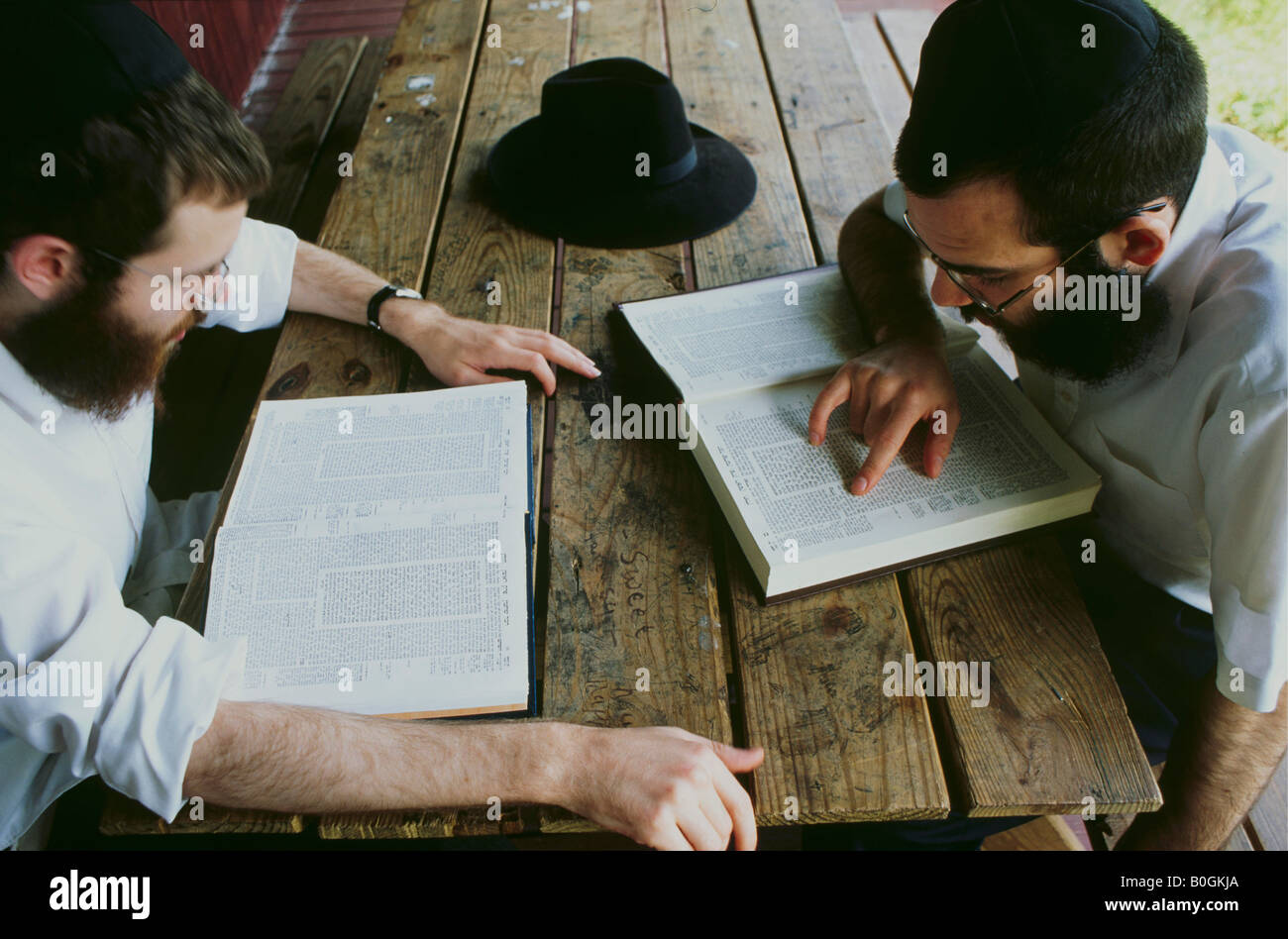 Les hommes juifs orthodoxes la lecture de la Torah à une école d'été juif, USA. Banque D'Images