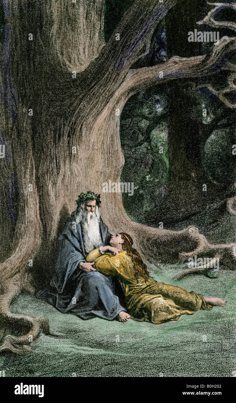 Merlin et Viviane dans la forêt de légendes du Roi Arthur. À la main, gravure sur bois, d'une illustration de Gustave Dore Banque D'Images