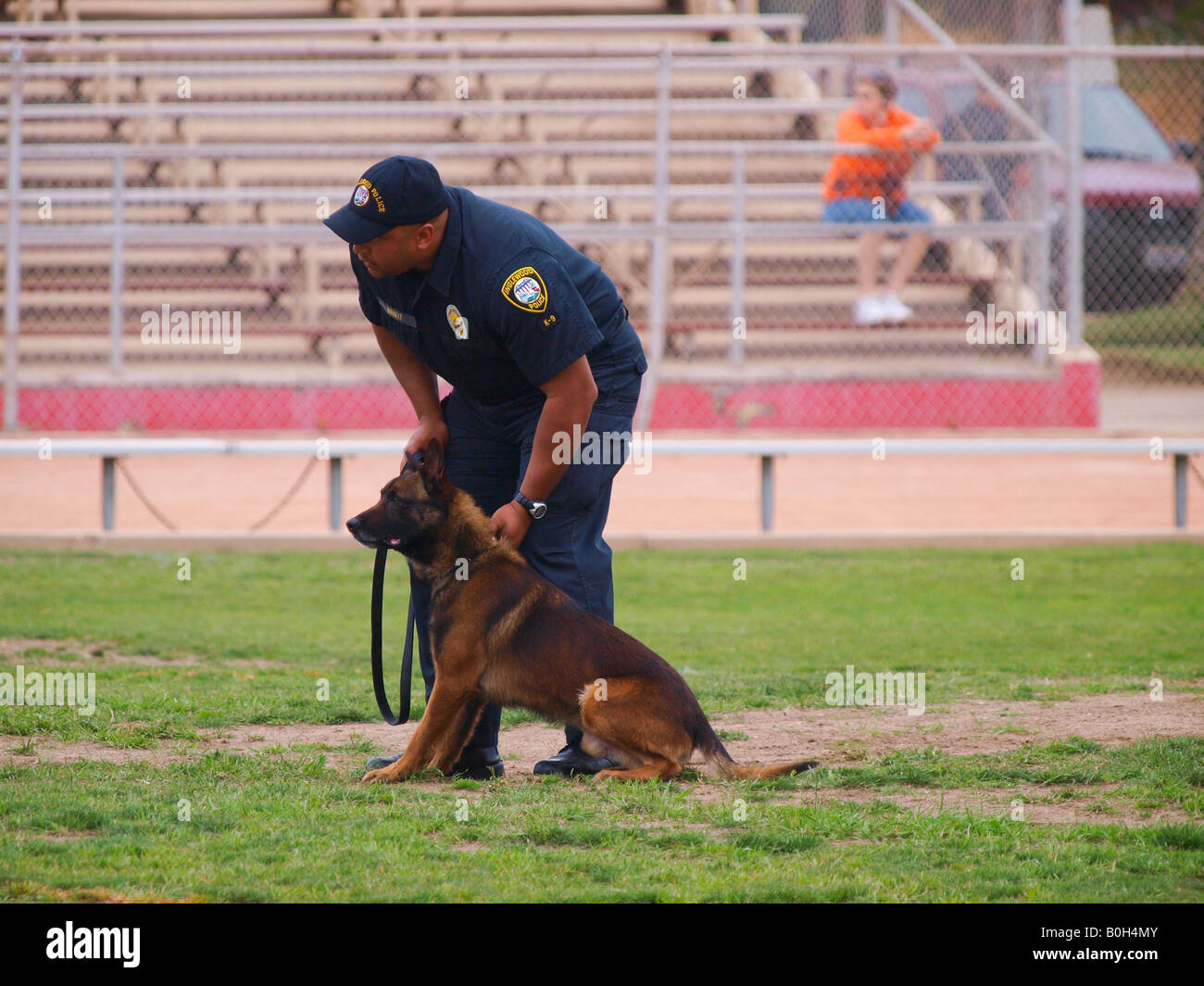 African American agent de police se prépare à sortir son chien, lors de k9 essais cliniques. Banque D'Images