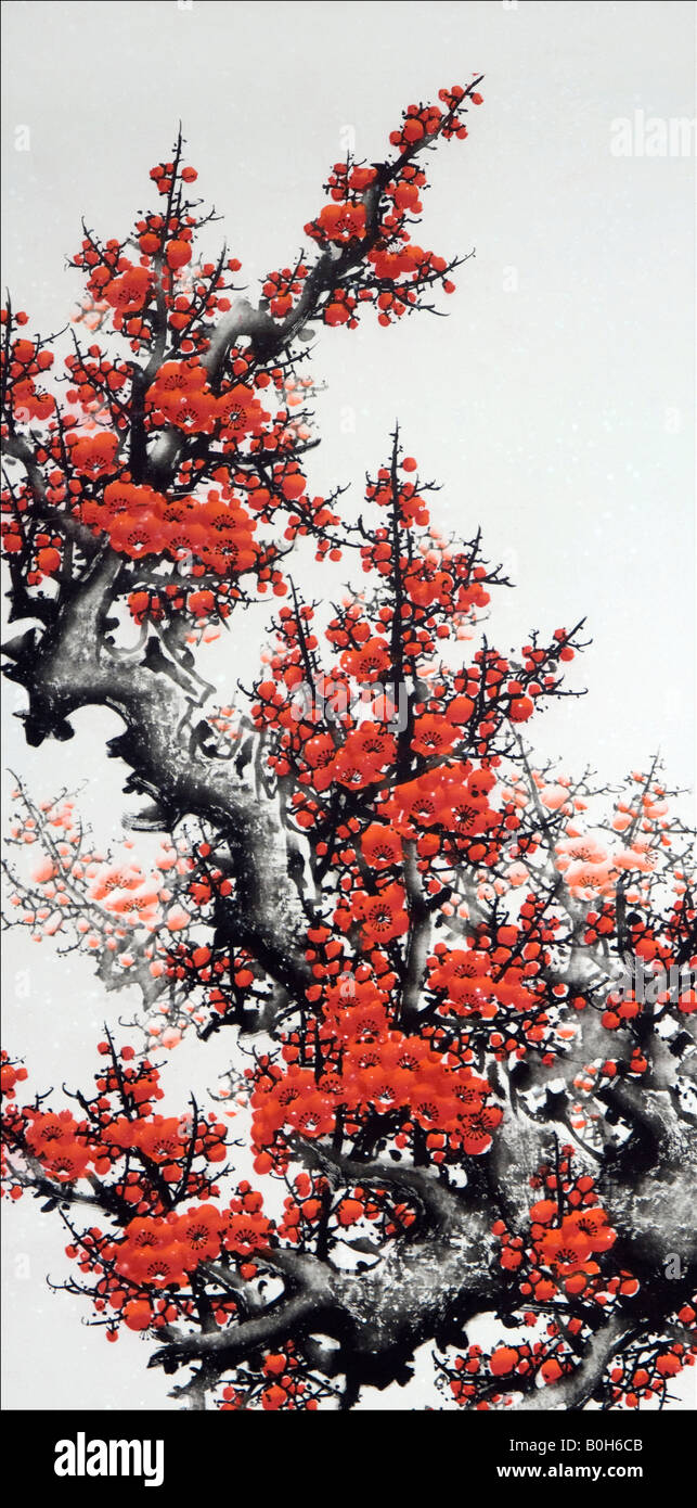 Peinture chinoise de prunier avec snow Banque D'Images