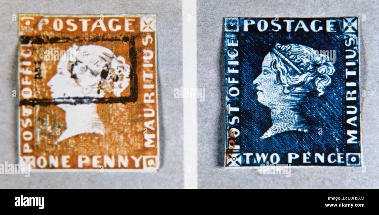 Timbres bleu et orange de l'Île Maurice, période coloniale, philatélie, rareté Banque D'Images