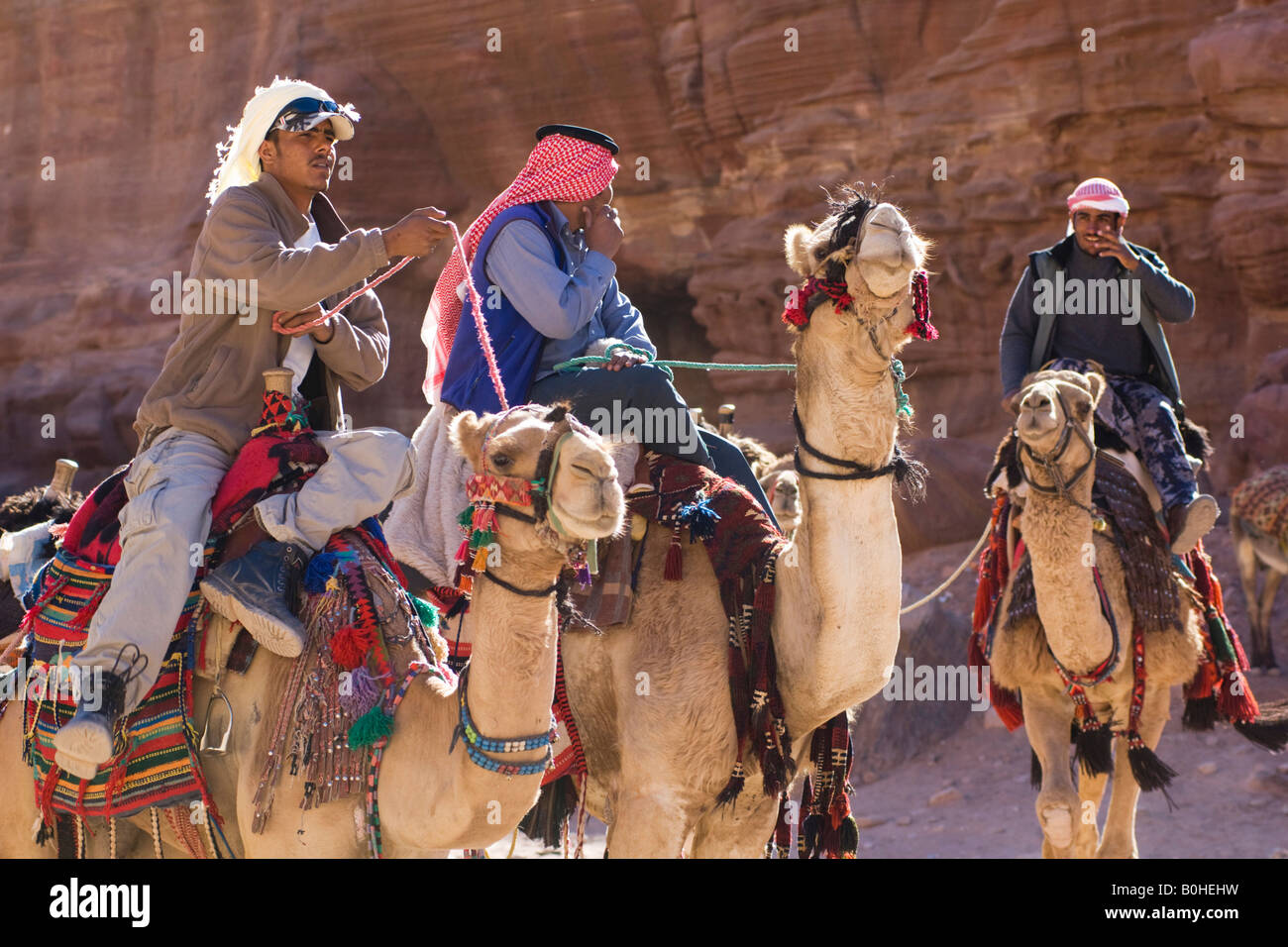 Les hommes bédouins avec des chameaux, Petra, Jordanie, Moyen-Orient Banque D'Images