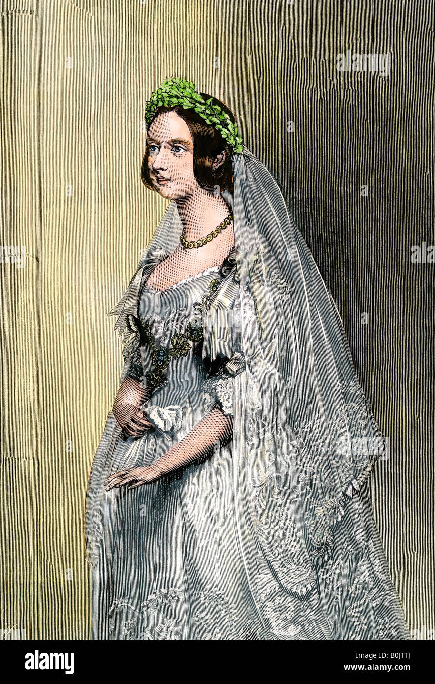 La reine Victoria le jour de son mariage. À la main, gravure sur bois Banque D'Images