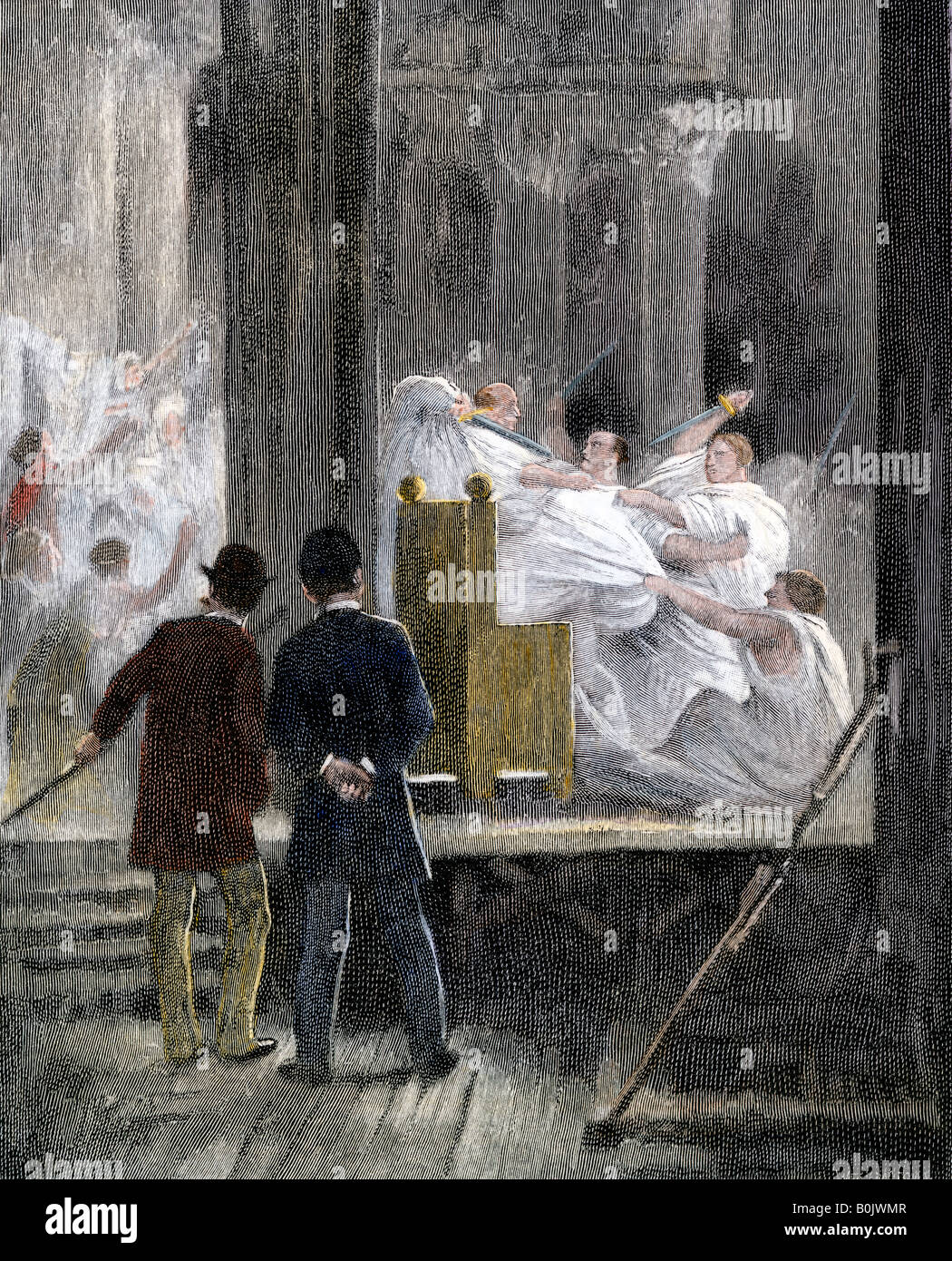 Assassinat de Jules César stade Vue de derrière la scène de 1880. À la main, gravure sur bois Banque D'Images
