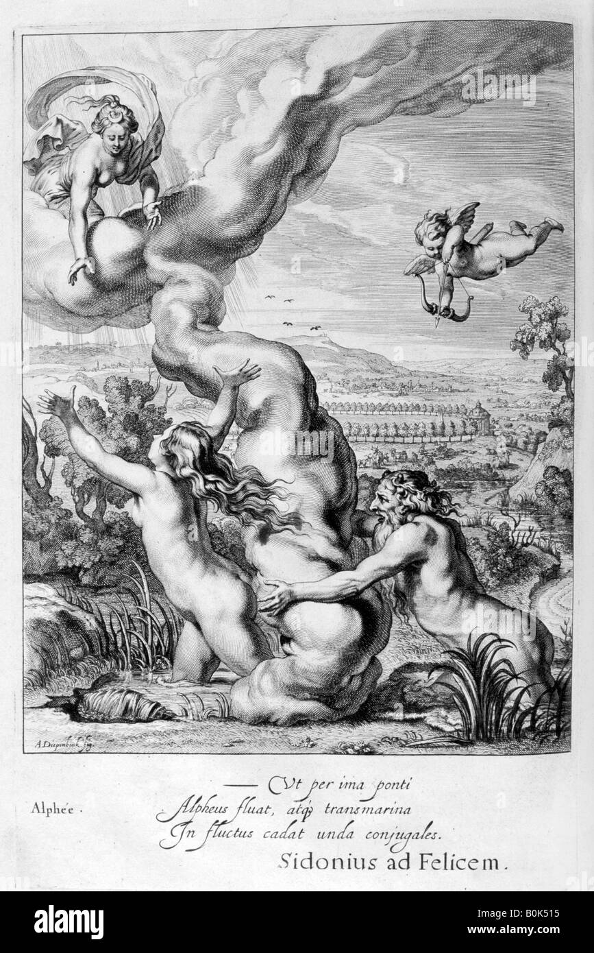'Arethusa poursuivi par Alpheus et transformé en une fontaine', 1655. Artiste : Michel de Marolles Banque D'Images
