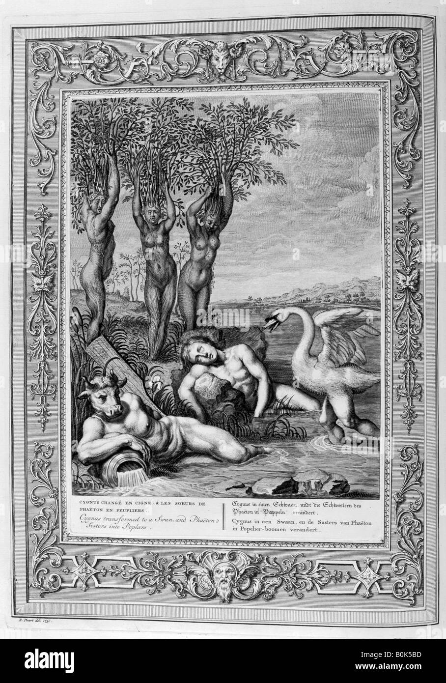 Cygnus transformé en un cygne et les sœurs de Phaeton dans les peupliers, 1733. Artiste : Bernard Picart Banque D'Images