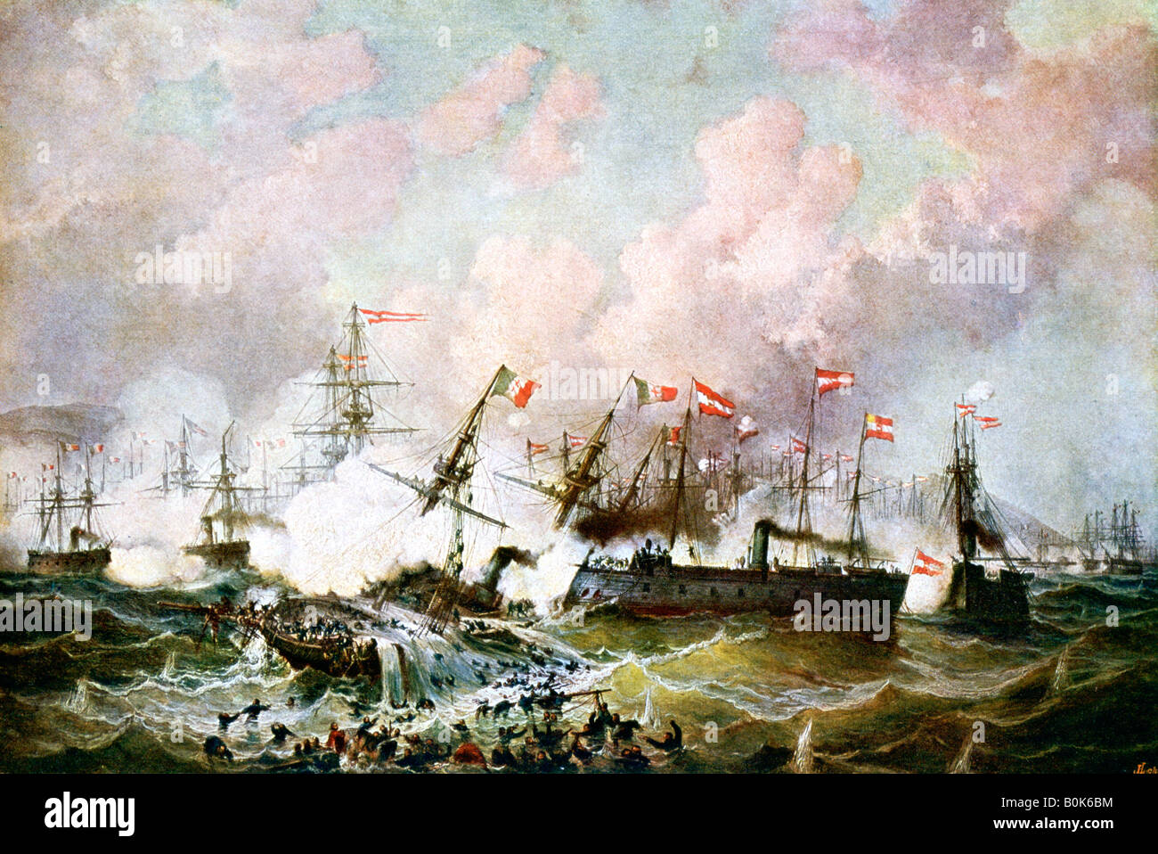 Bataille navale entre les flottes autrichienne et italienne, 1866, (19e siècle). Artiste : Josef Karl Berthold Puttner Banque D'Images
