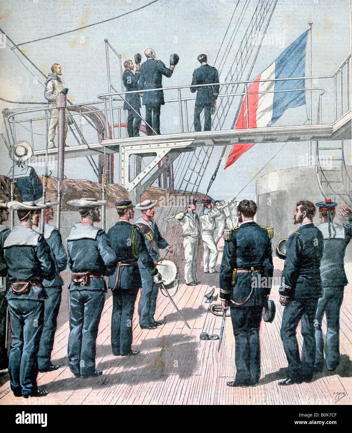 Salut au drapeau, manoeuvres navales françaises, 1891. Artiste : Henri Meyer Banque D'Images