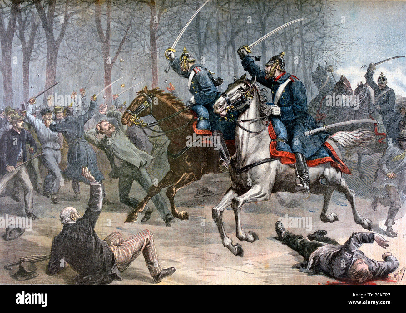 Charge de cavalerie, l'allemand d'émeutes à Leipzig, 1892. Artiste : Henri Meyer Banque D'Images