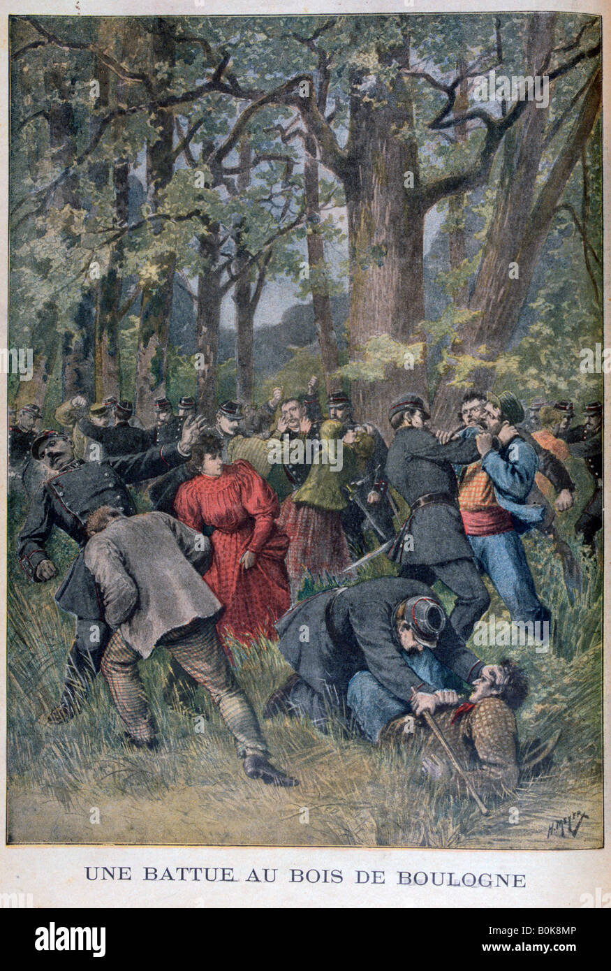 Lutte entre les gendarmes et les civils dans le Bois de Boulogne, Paris, 1895. Artiste : Henri Meyer Banque D'Images