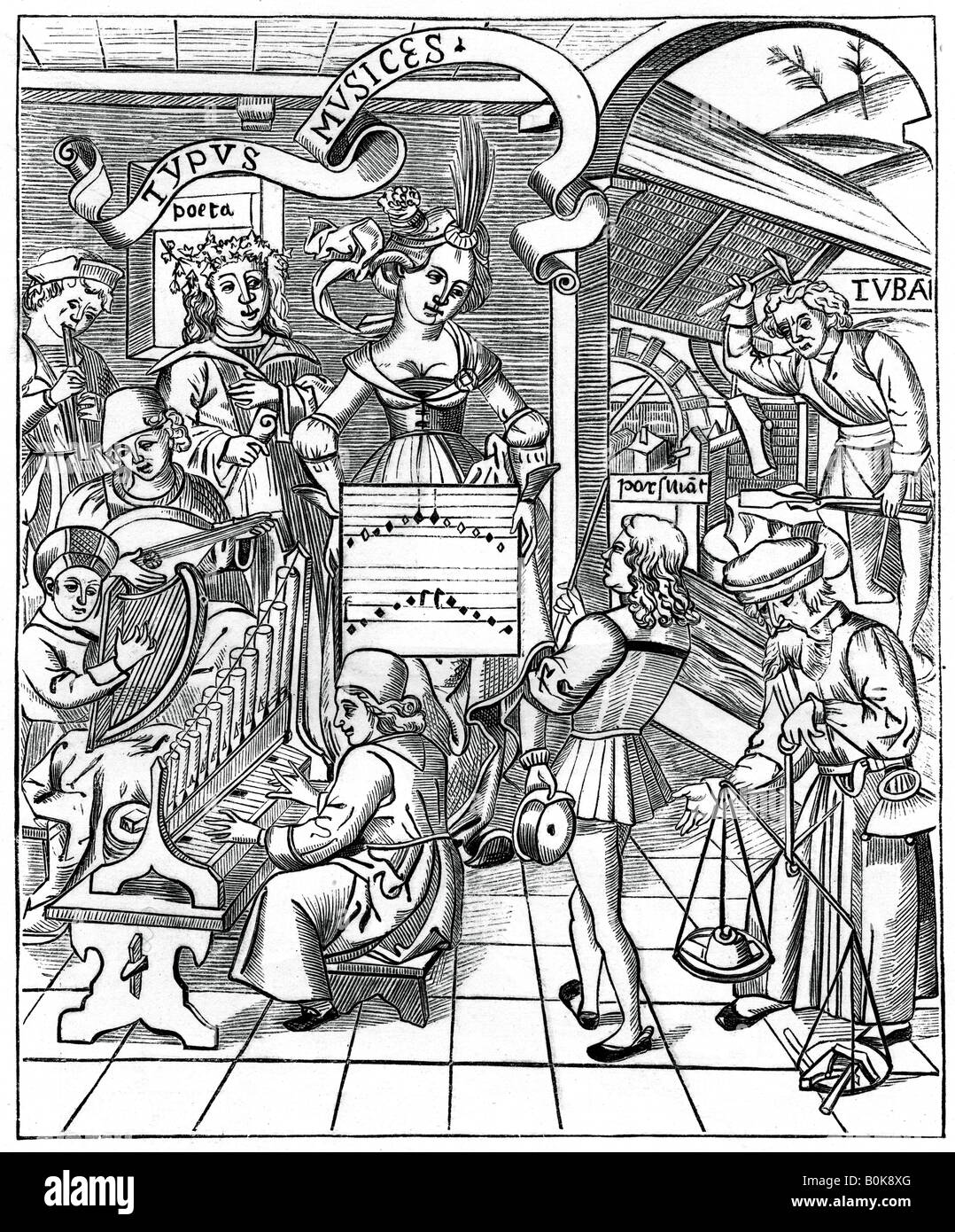 Personnification de la musique, avec les auxiliaires, le poète et les musiciens, 1508, (1870). Artiste : Inconnu Banque D'Images