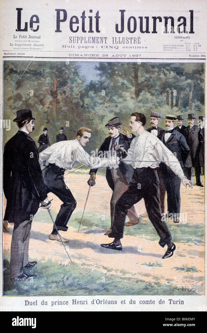 Duel entre le Prince Henri d'Orléans et le Comte de Turin, en 1897. Artiste : F Meaulle Banque D'Images