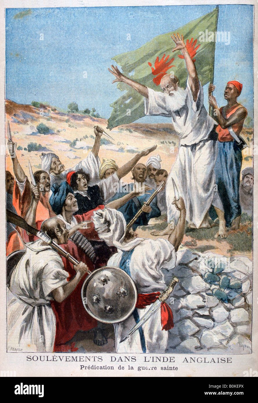 La prédication de "guerre sainte" au cours d'un soulèvement dans l'Inde britannique, 1897. Artiste : F Meaulle Banque D'Images