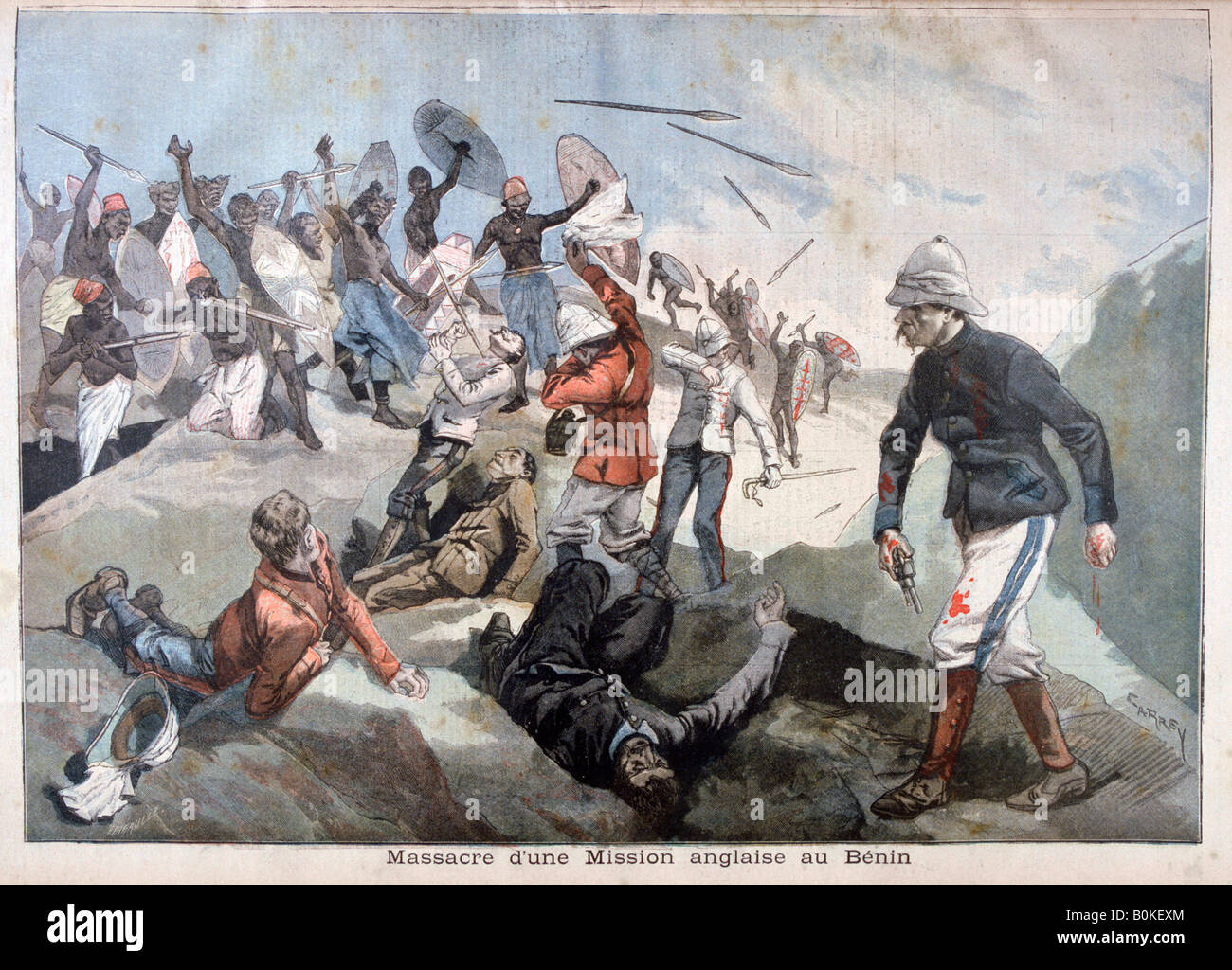 Le massacre d'une English Mission au Bénin, 1897. Artiste : F Meaulle Banque D'Images