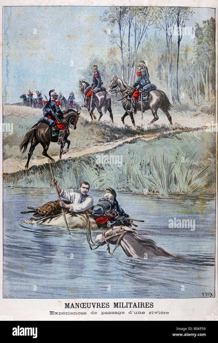 Manoeuvres militaires françaises, une rivière à gué, 1898. Artiste : Henri Meyer Banque D'Images