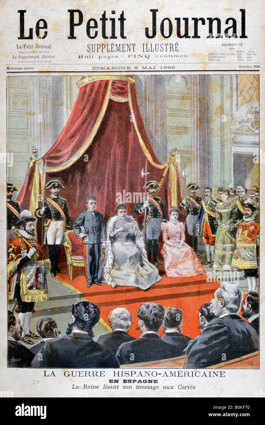 La Reine Spainsh donnant un discours, Guerre hispano-américaine, 1898. Artiste : F Meaulle Banque D'Images