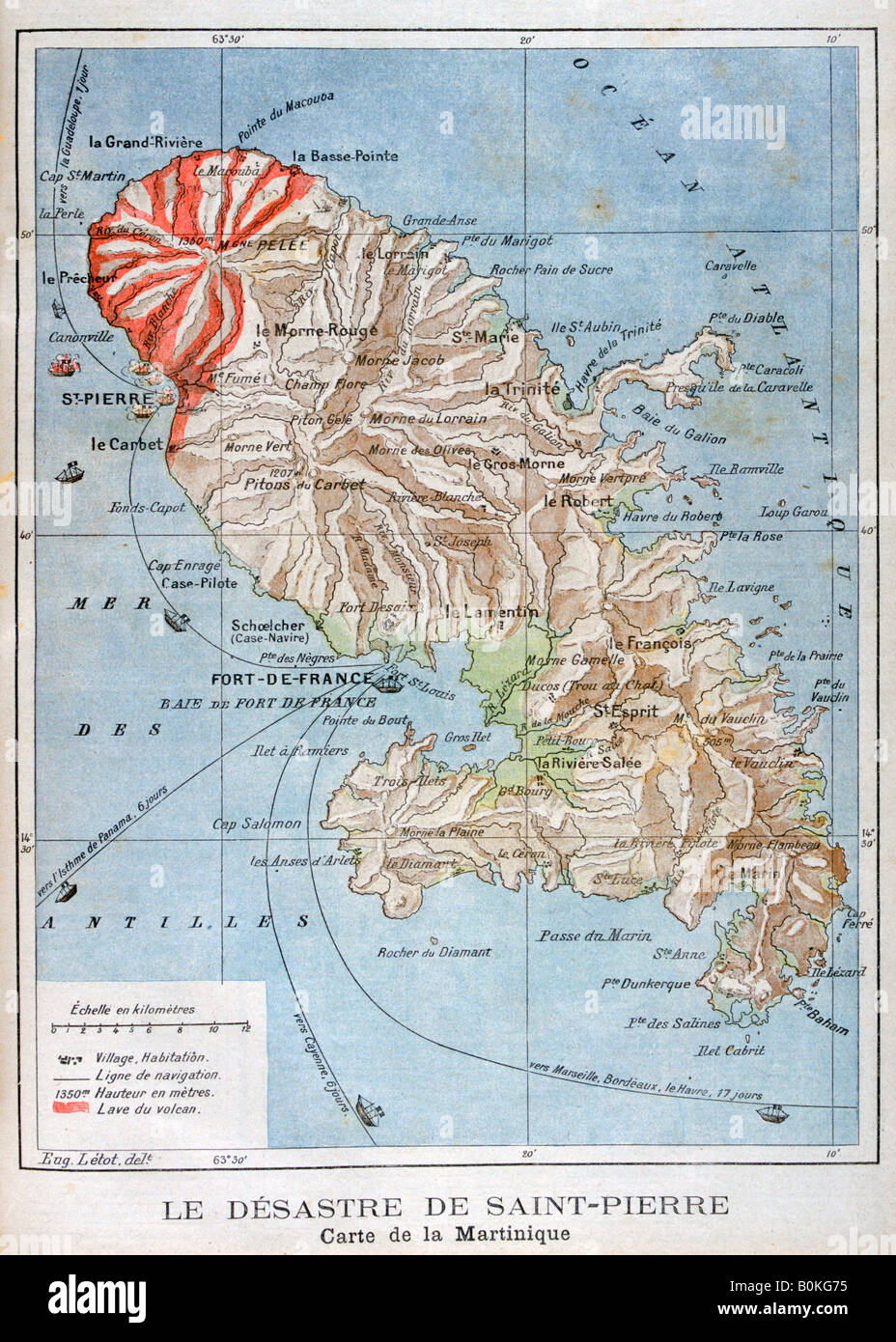 Carte montrant l'éruption de la Montagne Pelée, Martinique, 1902. Artiste : Inconnu Banque D'Images