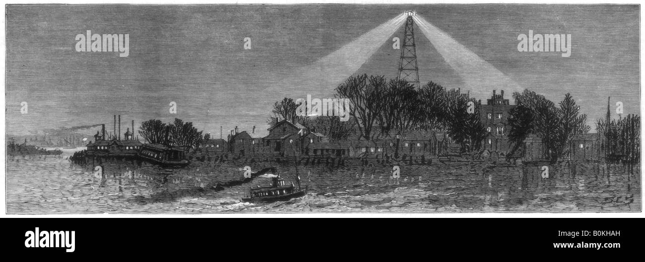 La lumière électrique à Hell Gate, New York, 1885. Artiste : Inconnu Banque D'Images