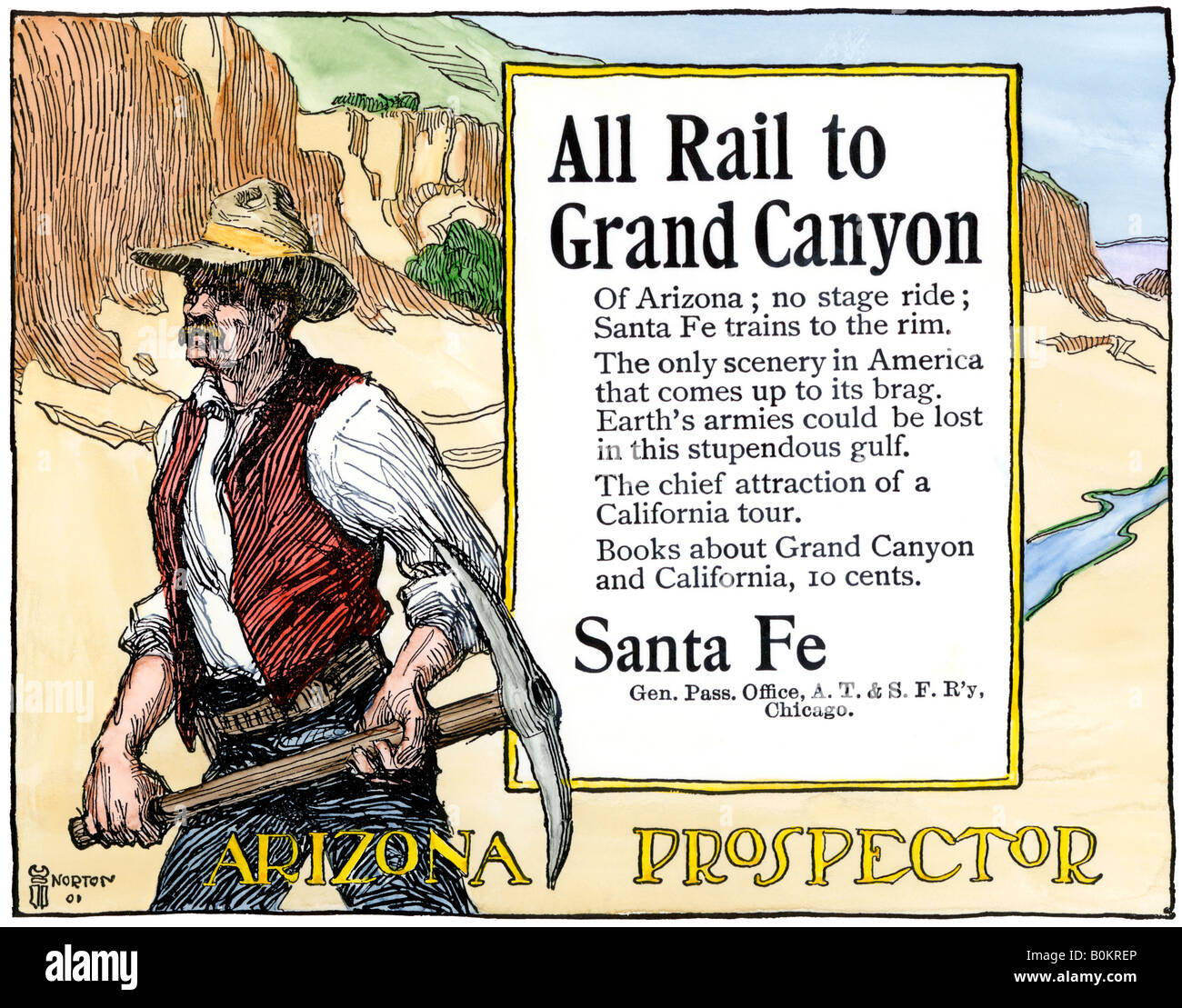Prospecteur de l'Arizona et le Grand Canyon en vedette dans un Santa Fe Railroad annonce vers 1900.. À la main, gravure sur bois Banque D'Images