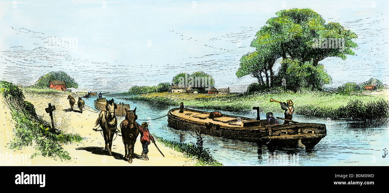 Bateau Grain remorquée par un équipe de mulet sur le canal Érié des années 1800. À la main, gravure sur bois Banque D'Images