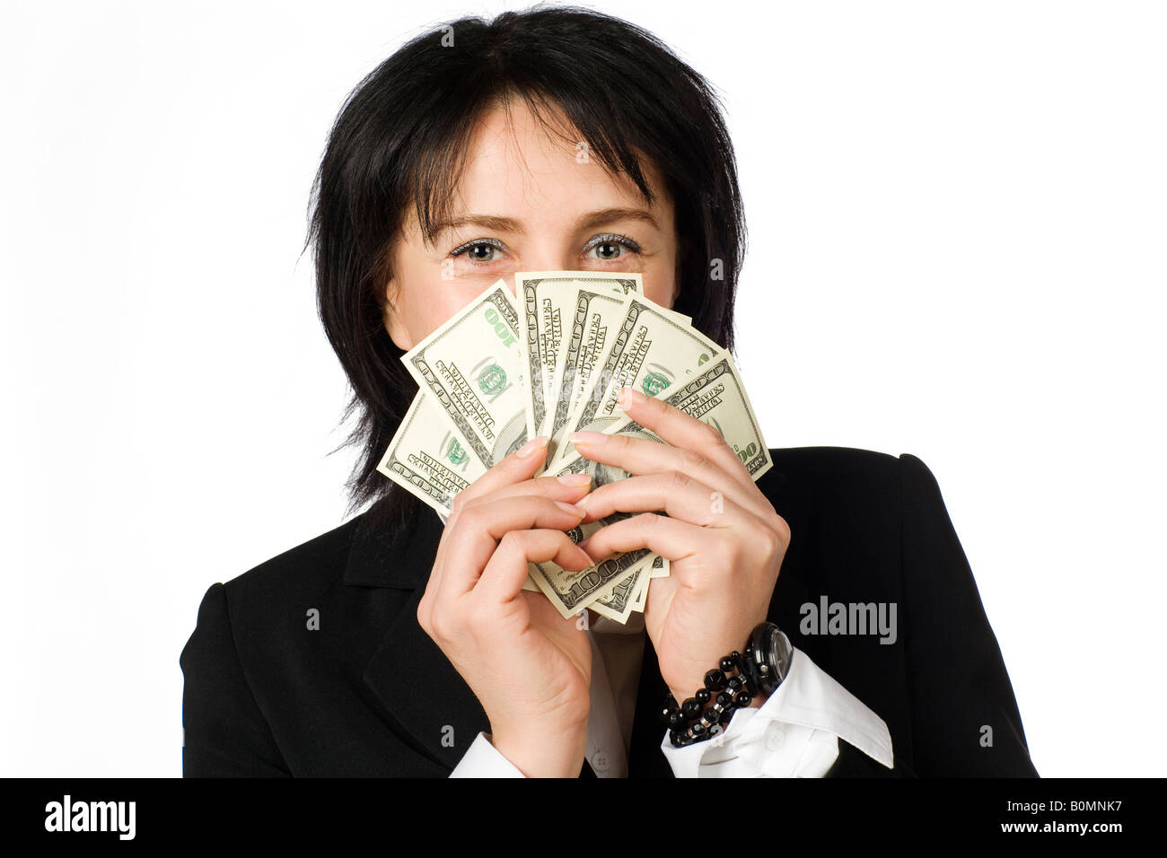 Femme avec de l'argent isolé sur fond blanc Banque D'Images