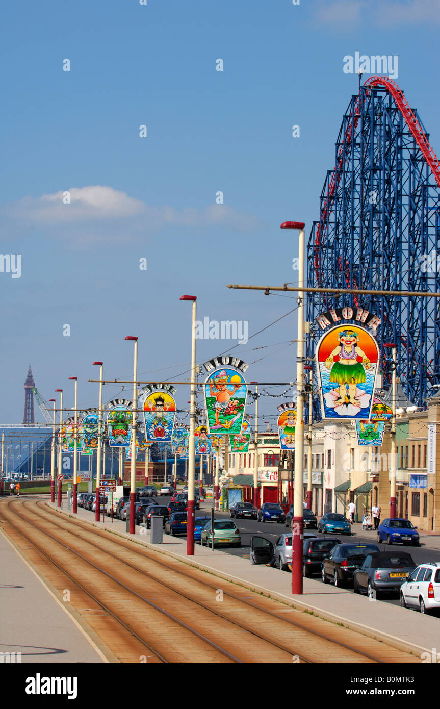 Les lignes de tramway le long de South Shore et Pleasure Beach Blackpool Banque D'Images