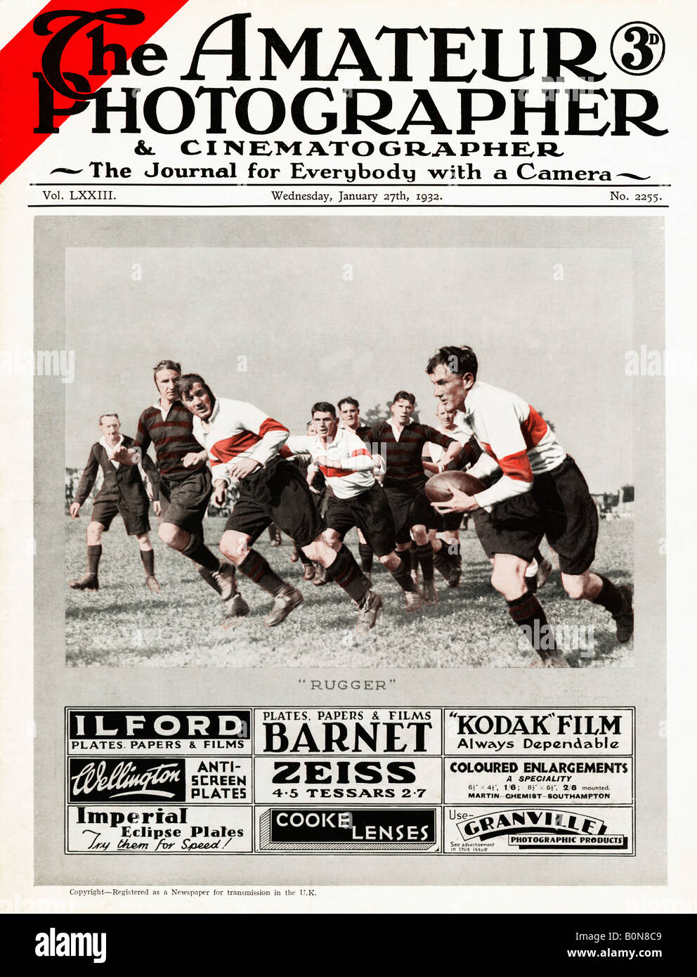 Photographe amateur Rugby 1932 Couverture du magazine avec une photo couleur d'action d'un match rugger Banque D'Images