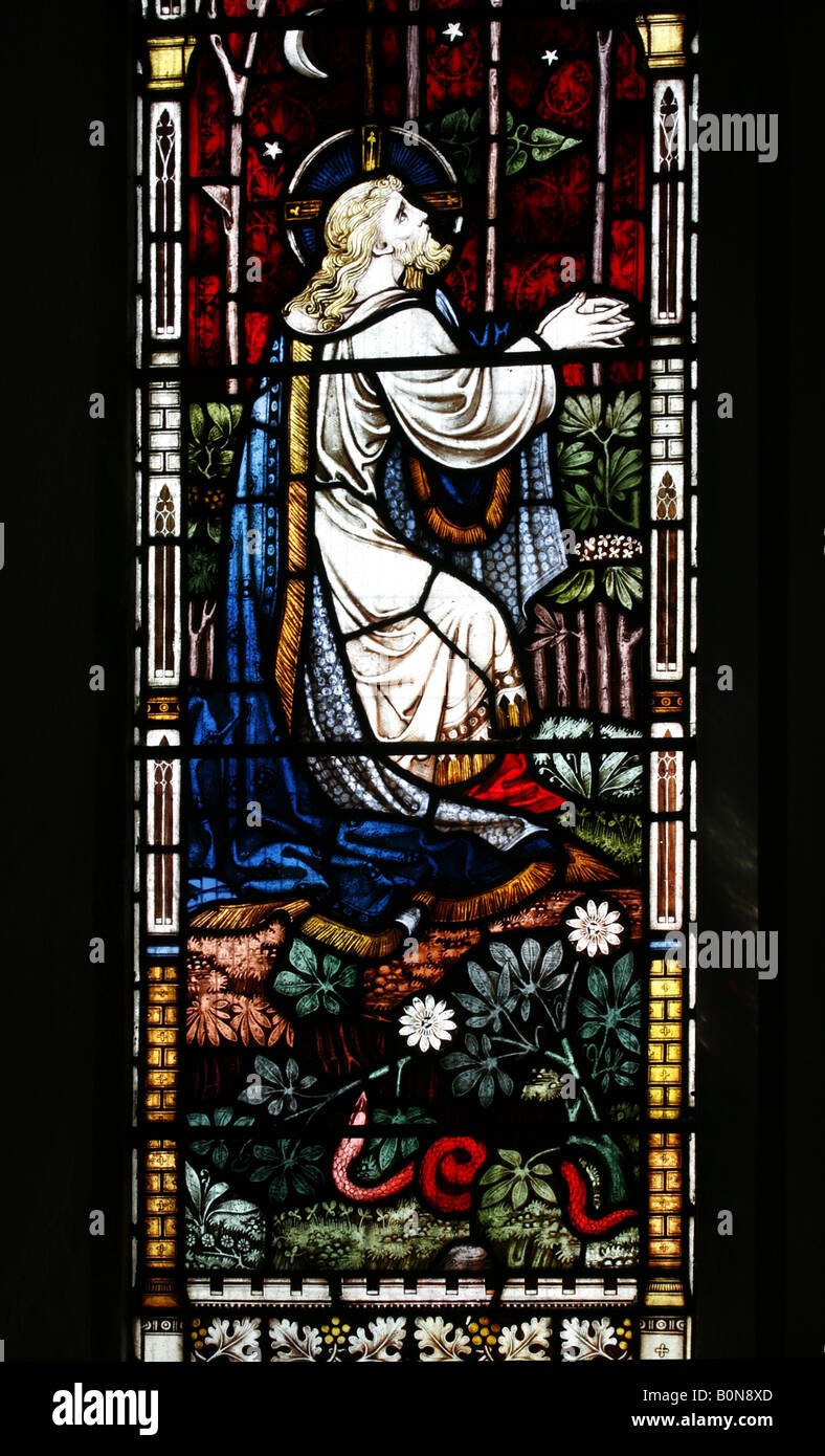 Vitraux de Clayton et Bell représentant Jésus dans le jardin de Gethsemane, église de St Fabian et Saint Sébastien, Woodbastwick, Norfolk Banque D'Images