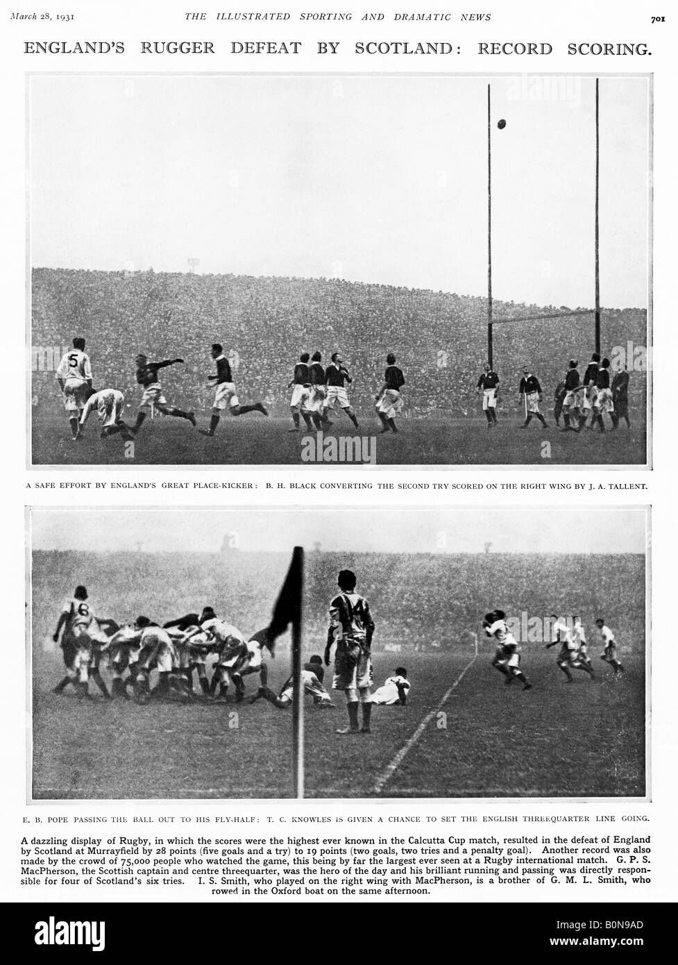 Écosse v Angleterre 1931 win 2819 Sylvestre le plus haut score Calcutta Cup jeu avant un monde foule record de 75 000 Banque D'Images