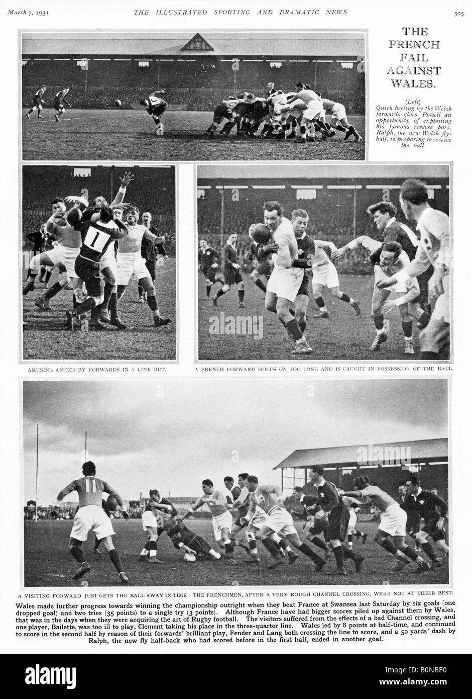 Pays de Galles v France 1931 rugby que le pays de Galles a battu la France 35 à 3 Swansea France handicapé par un mauvais passage de canal Banque D'Images