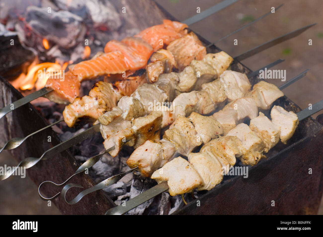 Bâtonnets de barbecue avec de la viande et du poisson sur le gril close up Banque D'Images