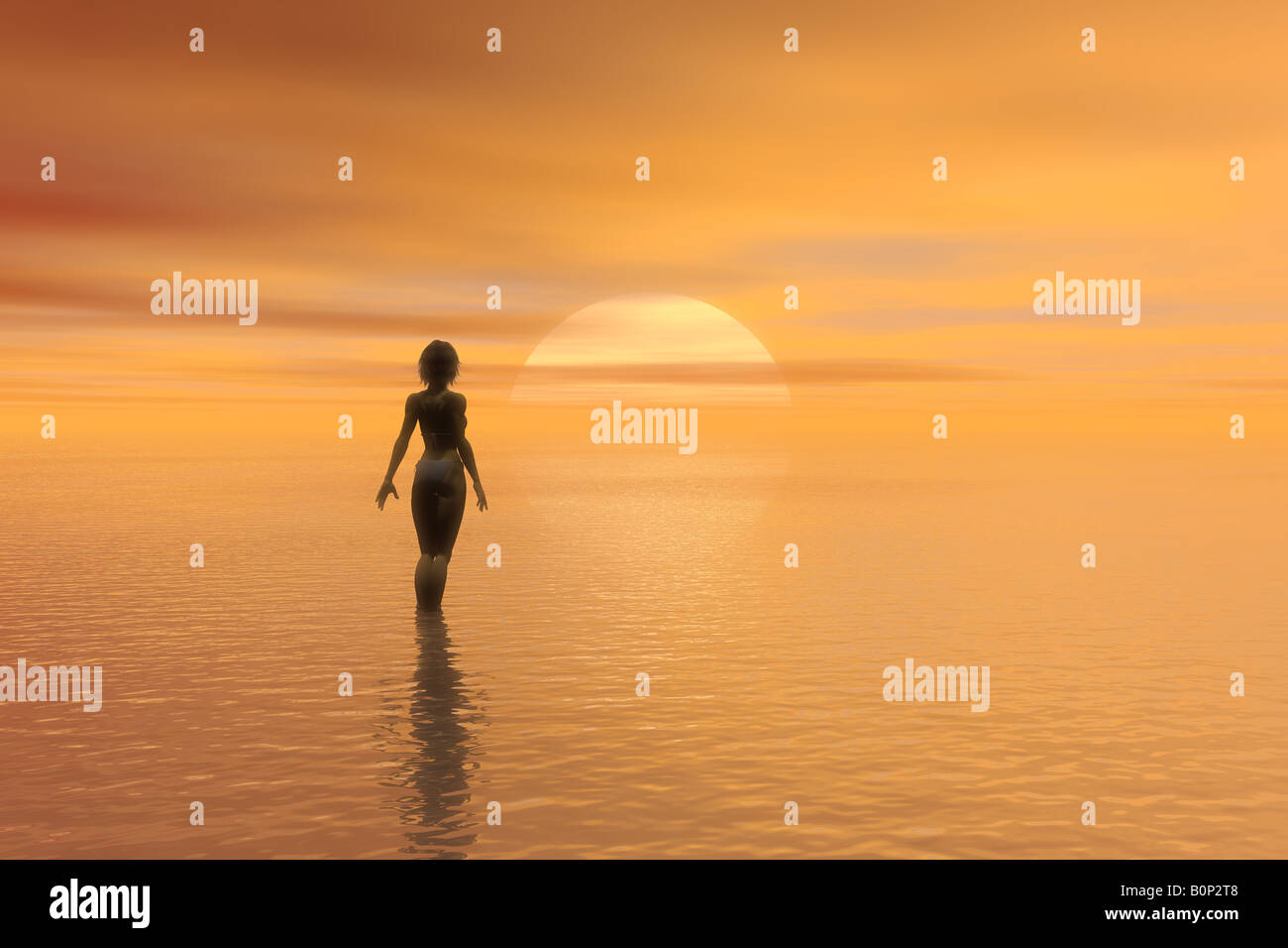 Femme de patauger dans la mer au coucher du soleil Banque D'Images