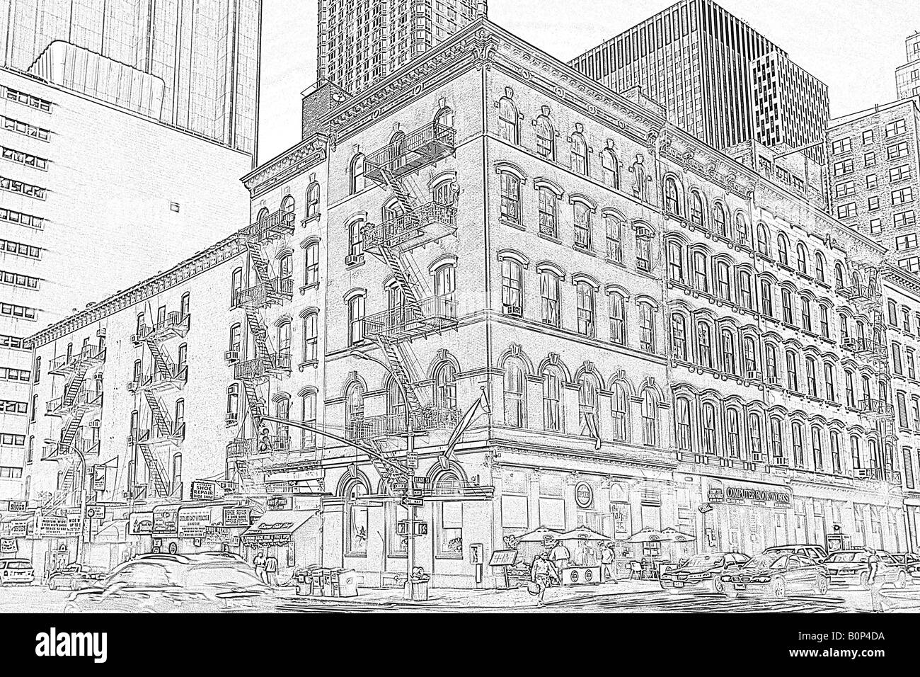 Croquis numérique de street dans le Lower Manhattan, New York City Banque D'Images
