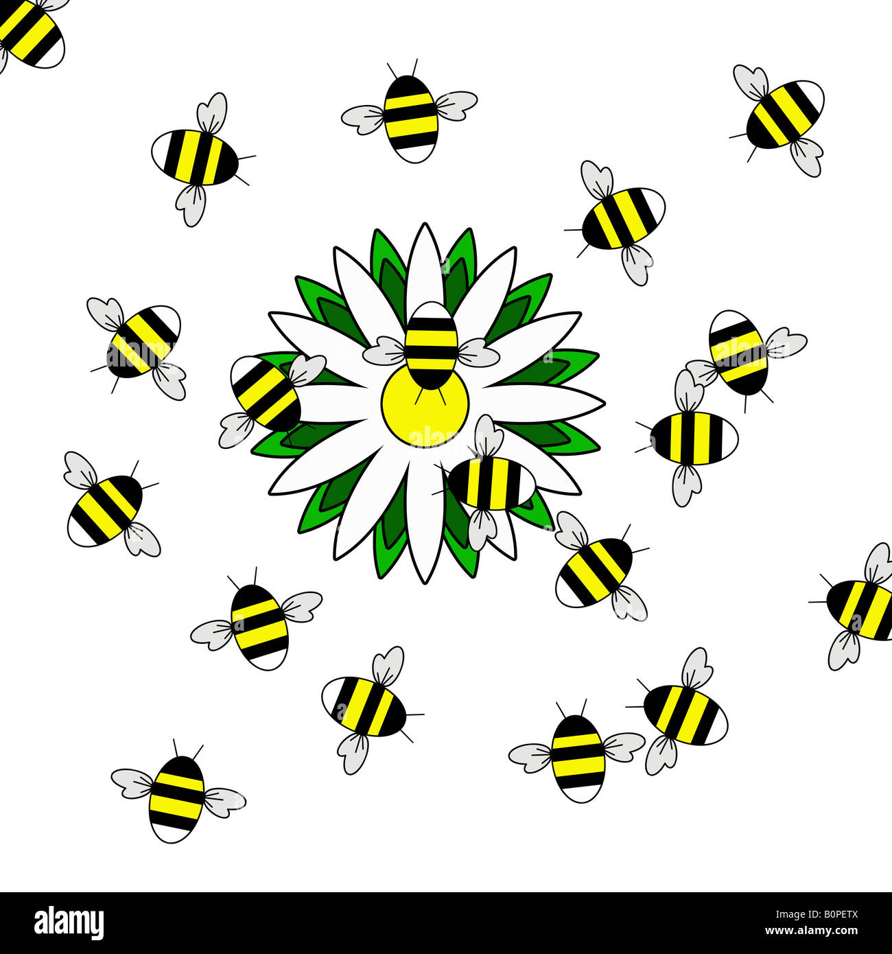 Les abeilles et l'illustration de fleurs sur fond blanc Banque D'Images