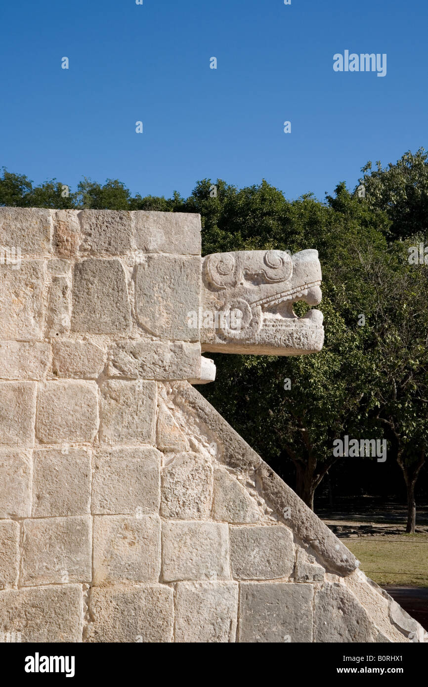 Sculpture représentant la tête de crocodile sur une ancienne structure à Chichen Itza site archéologique. Banque D'Images